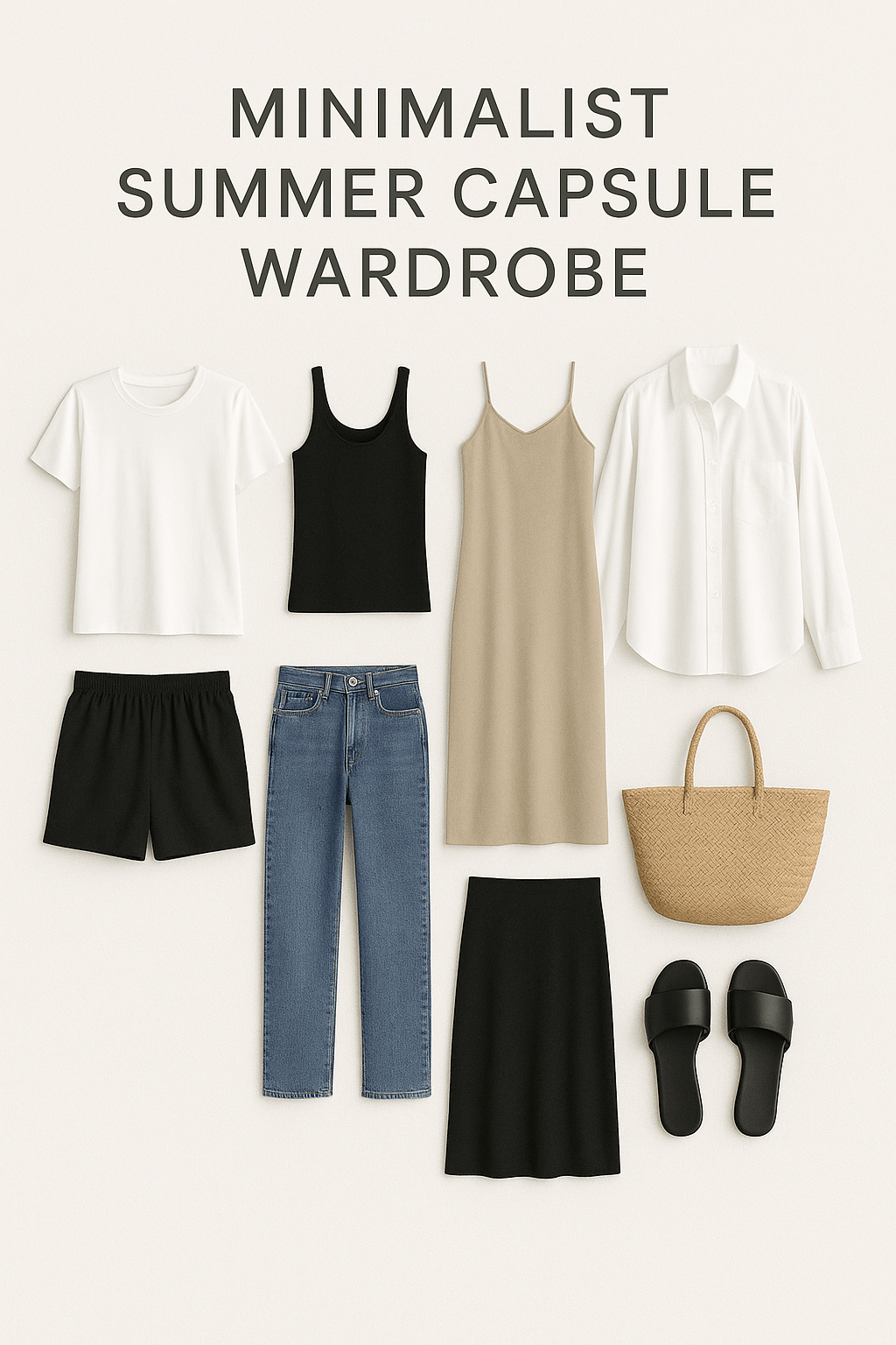 minimalist summer capsule wardrobe with neutral dresses and lightweight pieces

