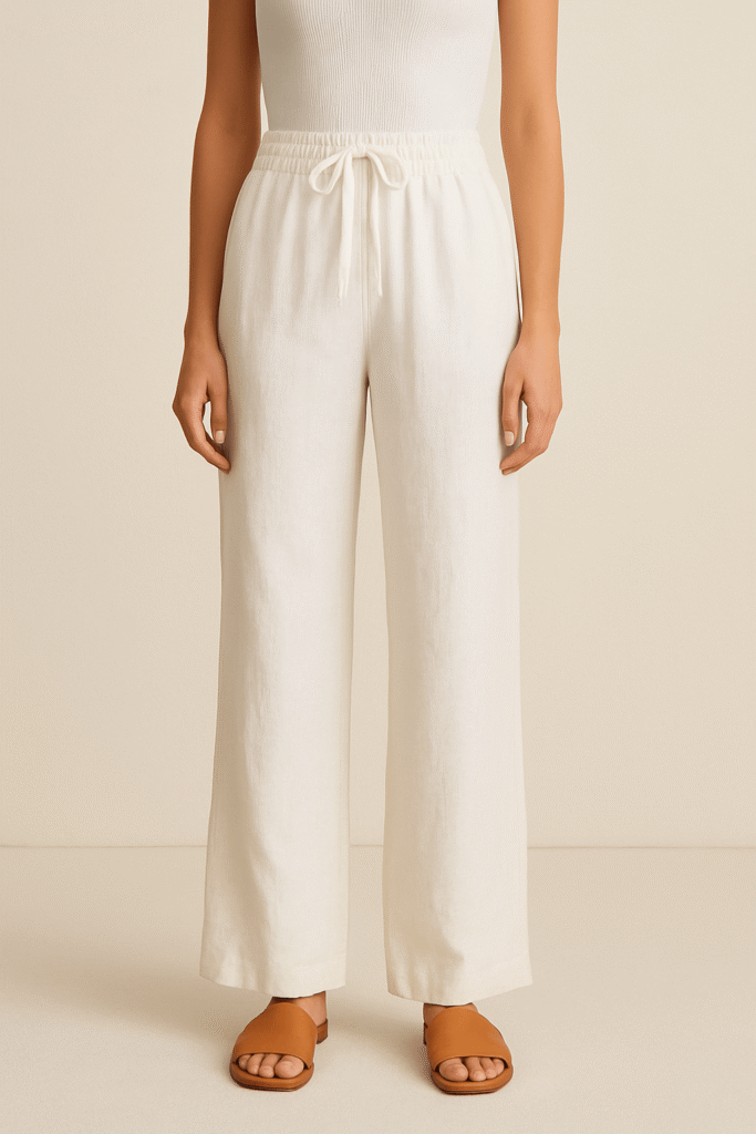 Everlane The Linen Way-High Pants styled for summer — high-waisted white linen trousers with wide-leg fit and minimalist outfit.