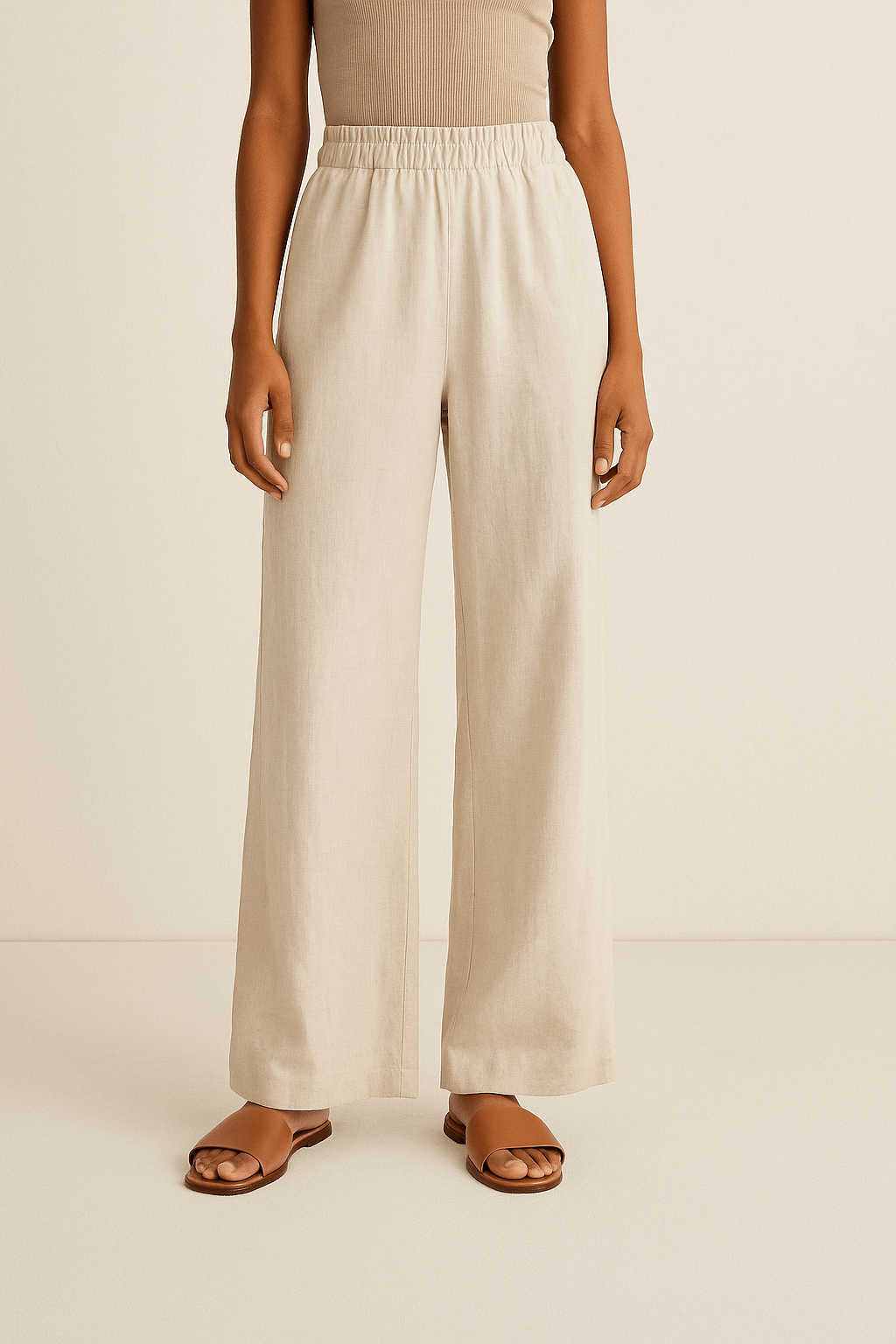 H&M Wide-Leg Linen Pants styled for summer — beige high-waisted linen trousers paired with a ribbed tank top and brown sandals on a minimalist background.