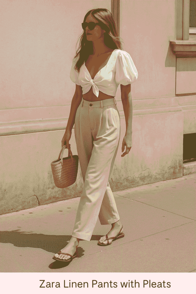 Zara linen pants with pleats styled for summer — high-waisted beige trousers paired with a white cropped blouse, straw tote bag, and sandals on a sunlit city street