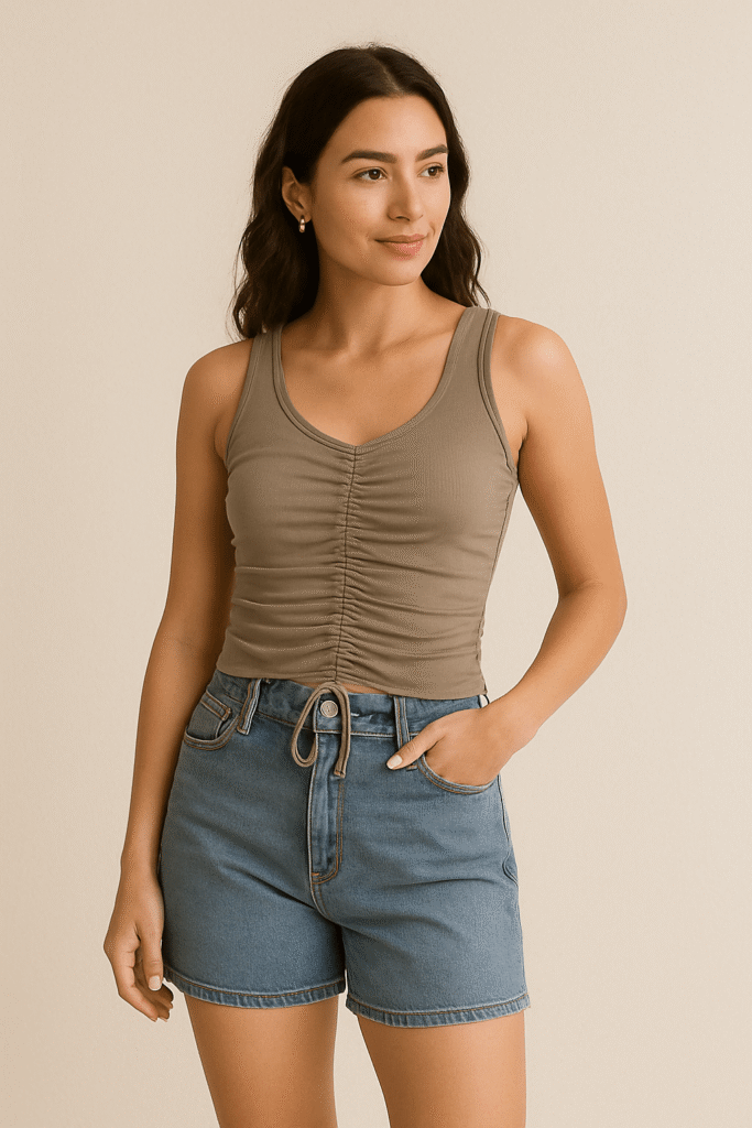 Casual summer outfit featuring a taupe ruched tank top paired with high-waisted denim shorts, showcasing a relaxed and trendy look with ruched tops for warm weather styling.