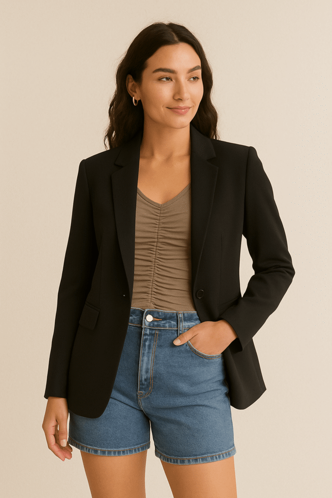 Woman styling a ruched top under a black blazer with high-waisted jeans, creating a smart casual outfit that highlights the versatility of ruched tops for everyday wear.