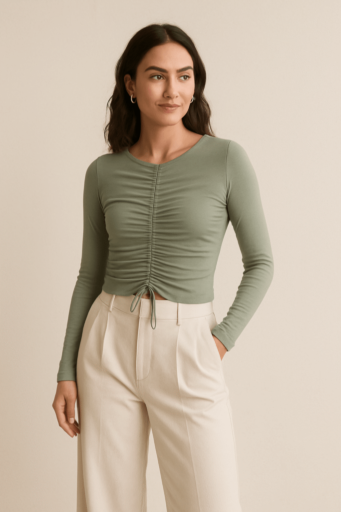 Stylish woman in a white long-sleeve ruched top paired with high-waisted wide-leg beige trousers, creating a modern and elegant ruched outfit perfect for everyday or workwear fashion.
