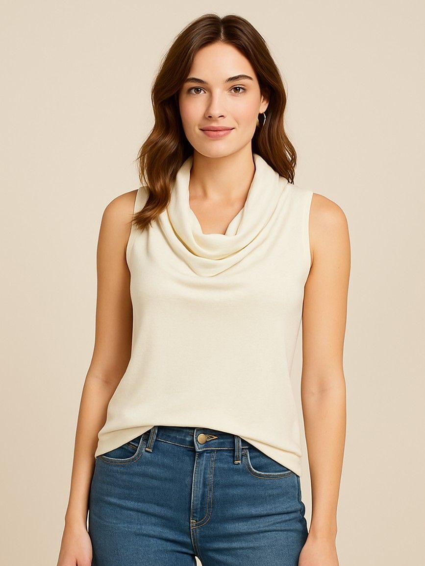 A young woman with wavy chestnut hair wears a sleeveless cream-colored cowl neck top paired with slim-fit blue jeans, standing against a soft beige background with a relaxed and confident expression.
Ask ChatGPT