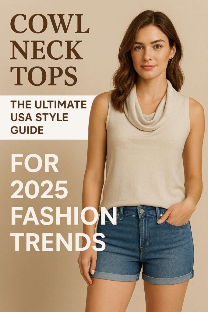 A stylish young woman wearing a sleeveless cream cowl neck top and denim shorts poses confidently against a beige background. Bold text on the image reads “Cowl Neck Tops – The Ultimate USA Style Guide for 2025 Fashion Trends,” making it an eye-catching and clickable blog feature image