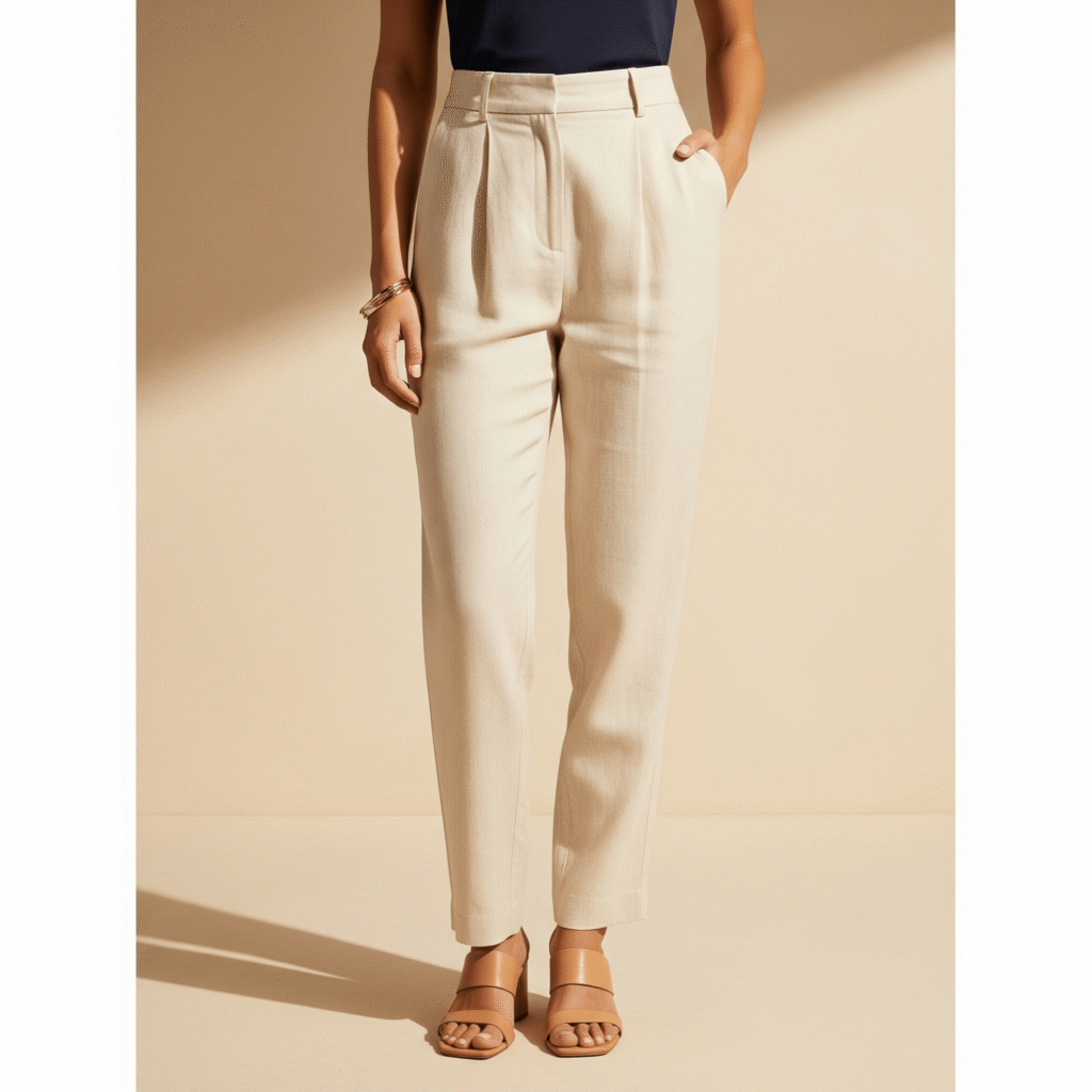 A model wearing high-rise, light-colored linen trousers, a dark top, and light brown sandals. The trousers have pleats at the waist and a relaxed fit. The model is standing against a plain, light brown background.