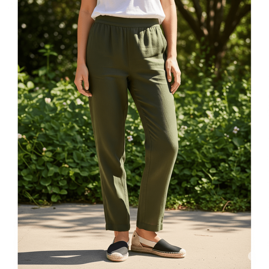 A woman stands outdoors, wearing olive green Madewell pull-on linen pants, a white t-shirt, and espadrille sandals. The comfortable pants have a relaxed fit.