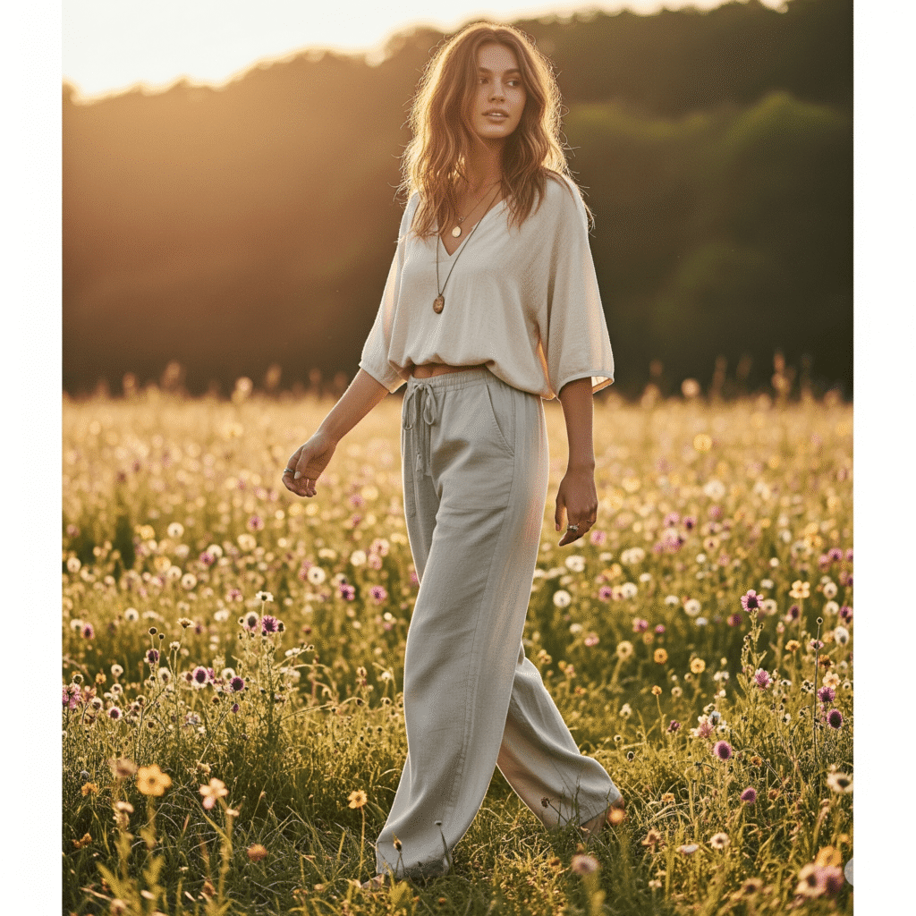 A young woman with long, wavy brown hair walks through a sun-drenched field of wildflowers. She is wearing light-colored, flowing linen pants and a matching loose-fitting top with a V-neck. The golden hour light casts a warm glow, highlighting her hair and the natural textures of her clothing. The image evokes a sense of freedom, relaxation, and bohemian style.