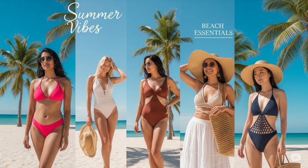 Women in stylish summer swimsuits on tropical beach, featuring bikini, one-piece, crochet swimwear, beach vacation outfits, 2025 swimwear trends, beach essentials, and sun hats under palm trees.