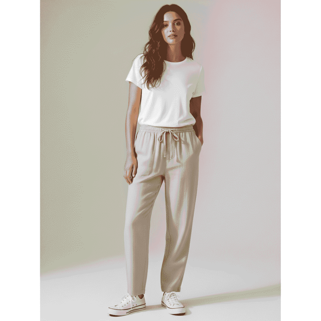 Woman wearing Old Navy Linen-Blend Drawstring Pants in beige with a white t-shirt, relaxed fit.