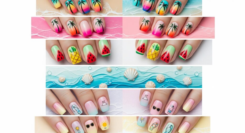 A collage of summer-themed nail art designs including tropical sunset gradients with palm trees, watermelon and pineapple fruit patterns, pastel nails with beach symbols like sunglasses and flip-flops, and ocean-themed decorations with seashells.