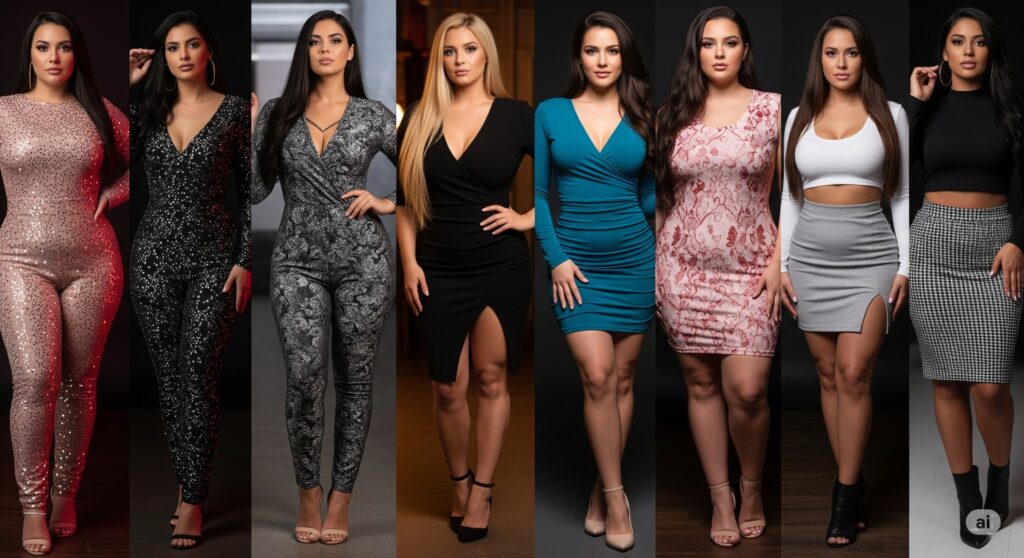 Vertical photo collage featuring multiple women with diverse body types, each wearing a distinct and stylish club outfit like a sequin dress, jumpsuit, or bodycon dress, in a club-like setting with dim lighting.