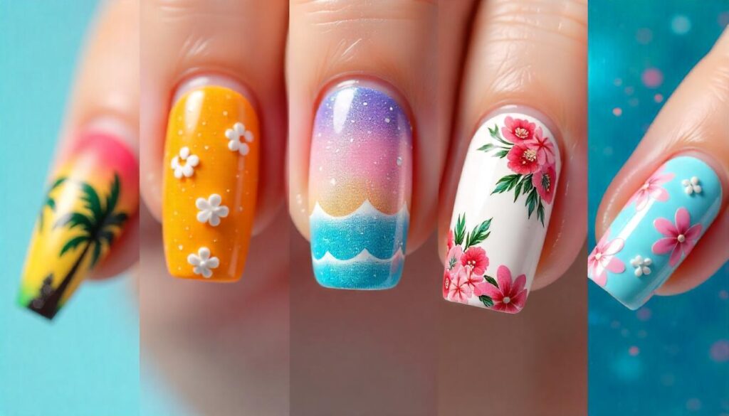 Tropical summer nail art featuring palm trees, ocean waves, floral designs, and bright sunset colors – trendy 2025 summer nail ideas