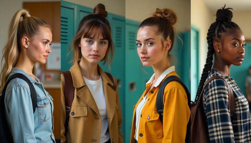 Four 25-year-old women with trendy first day of school hairstyles, including high ponytail, soft bun with bangs, messy top knot, and braided updo, standing in a modern school hallway with backpacks — back-to-school hairstyle inspiration for women." Included Keywords: first day of school hairstyles hairstyles for 25-year-old women trendy back-to-school looks braided hairstyle ponytail hairstyle messy bun school hallway