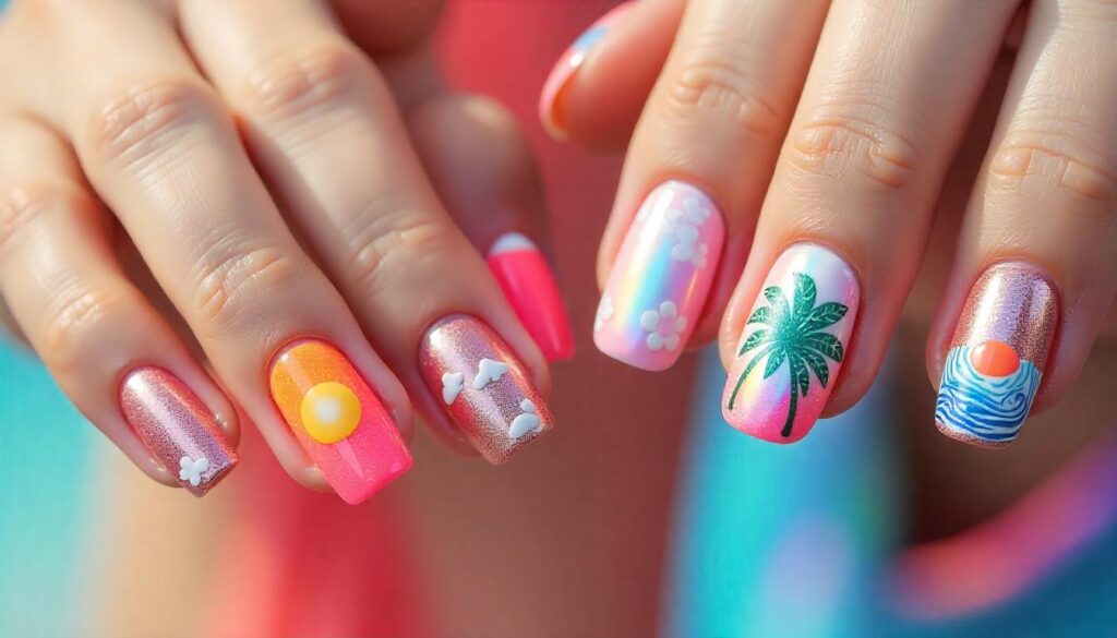 Tropical summer-themed nail art featuring vibrant designs including a sunset, palm tree, ocean waves, clouds, and floral patterns on pink and metallic backgrounds.