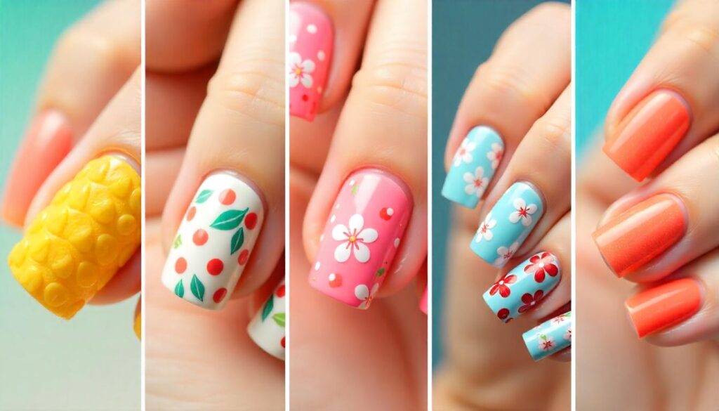 Close-up of five summer short nail designs with pineapple texture, cherry art, floral patterns, and gradient orange hues.