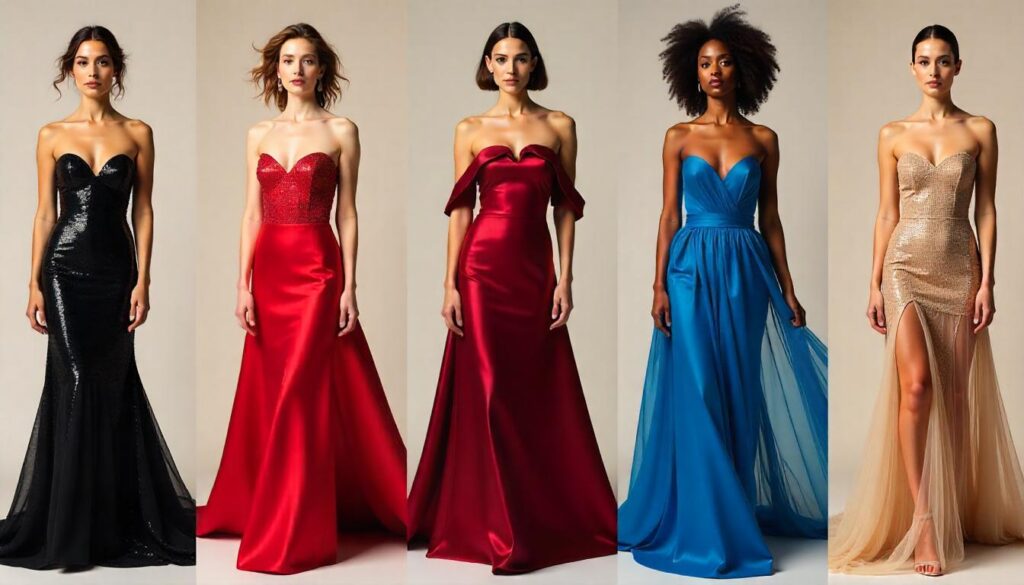 Women wearing elegant evening dresses in black, red, burgundy, blue, and gold – 2025 fashion trends for formal events, prom gowns, and glamorous outfits.