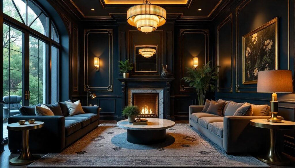 Luxurious Art Deco living room with dark walls, gold accents, velvet sofas, chandelier lighting, and a marble fireplace centerpiece.