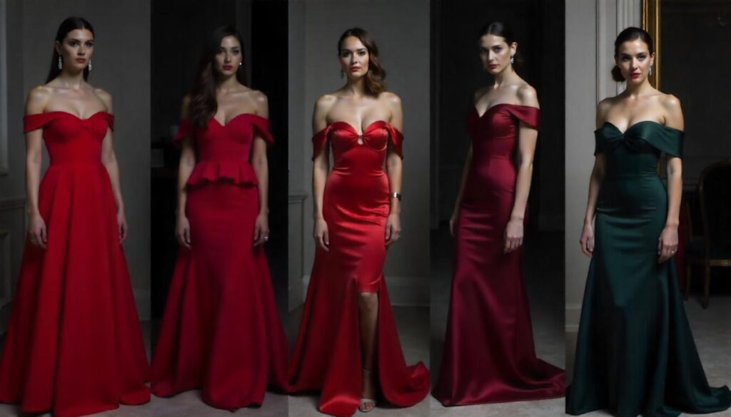 Women wearing elegant off-shoulder evening gowns in red and emerald green, trending formal dresses for 2025 fashion, luxury event and gala wear.