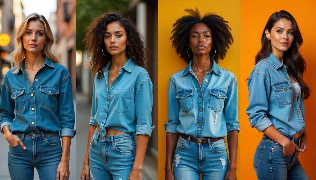 Vertical collage of four women wearing different denim shirt styles—oversized, fitted, cropped, and distressed—in diverse stylish backgrounds like city streets, nature parks, studios, and cafes."