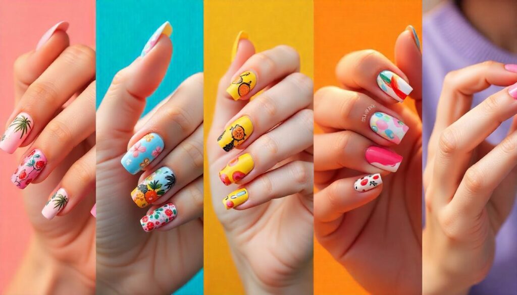 Colorful summer nail art designs featuring tropical flowers, fruits, palm trees, and vibrant patterns on manicured hands – trendy nail inspiration for summer 2025.