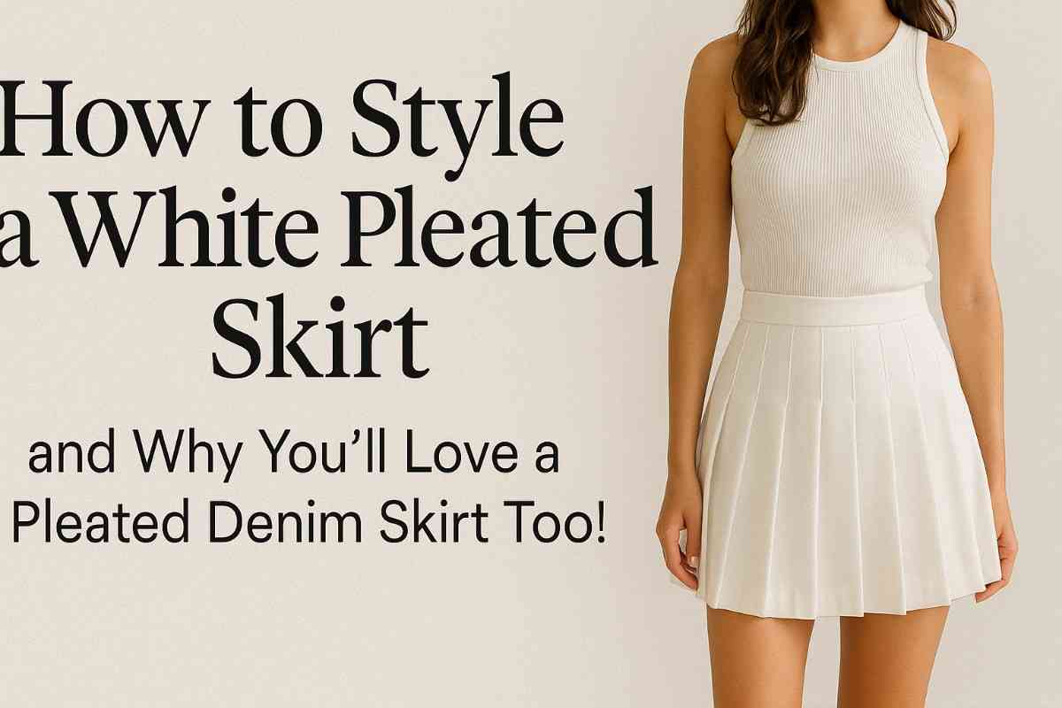 Woman wearing a white pleated skirt and tank top standing against a light background with bold fashion styling text overlay