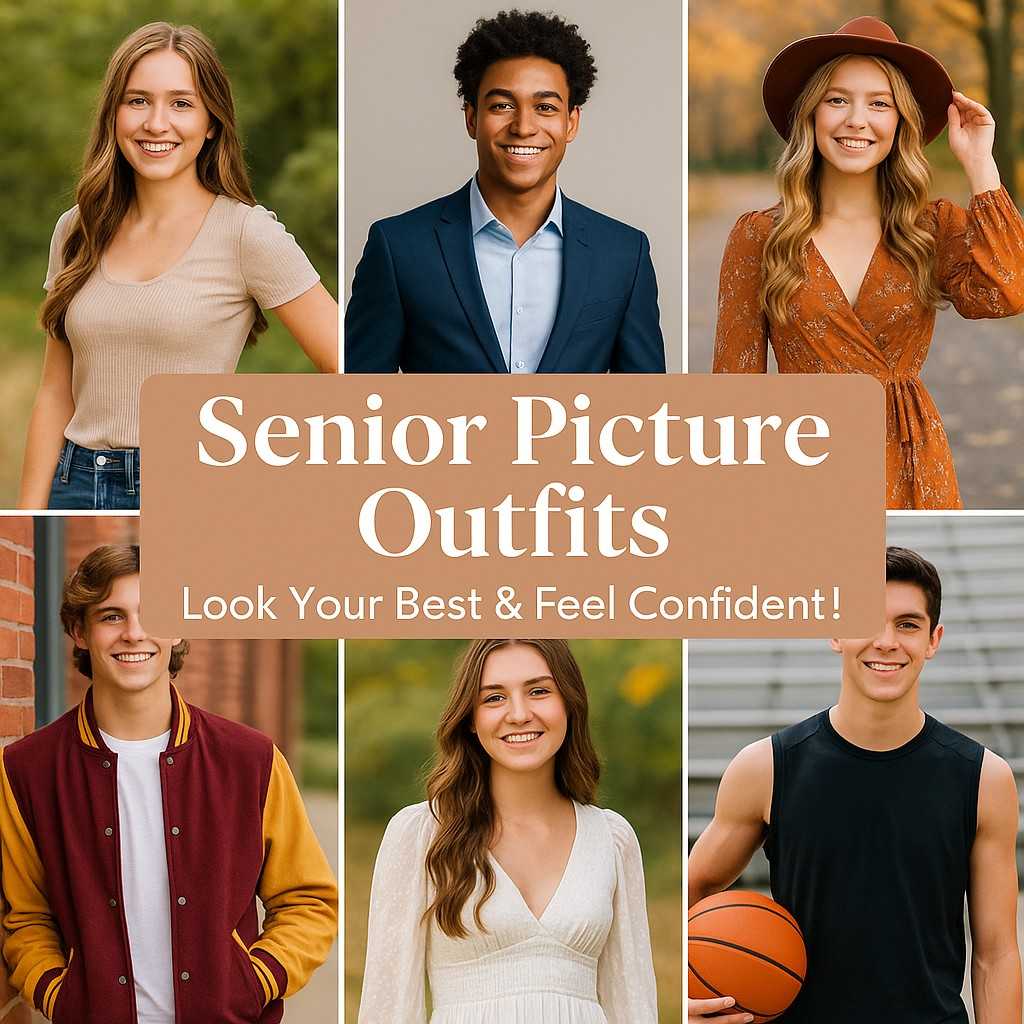 Flat lay of senior picture props including graduation cap, varsity jacket, vintage camera, acoustic guitar, football, and basketball on wooden background with text 'Props That Add Personality' – ideal inspiration for senior photoshoot ideas.