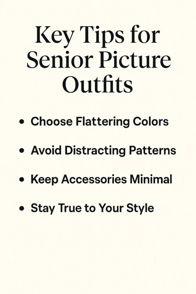 Infographic listing key tips for senior picture outfits including choosing flattering colors, avoiding distracting patterns, keeping accessories minimal, and staying true to your style — helpful style guide for high school seniors.