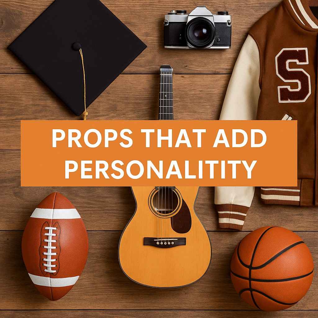 Flat lay image of senior picture props including a graduation cap, vintage camera, acoustic guitar, letterman jacket, football, and basketball on wooden background with text overlay 'Props That Add Personality'.