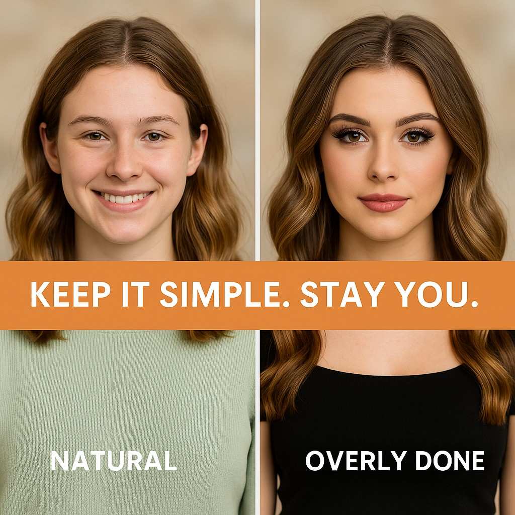Side-by-side comparison of a young woman with natural makeup and loose hair versus bold, dramatic makeup and styled hair, with text overlay 'Keep it simple. Stay you.' — highlighting senior picture hair and makeup tips.
