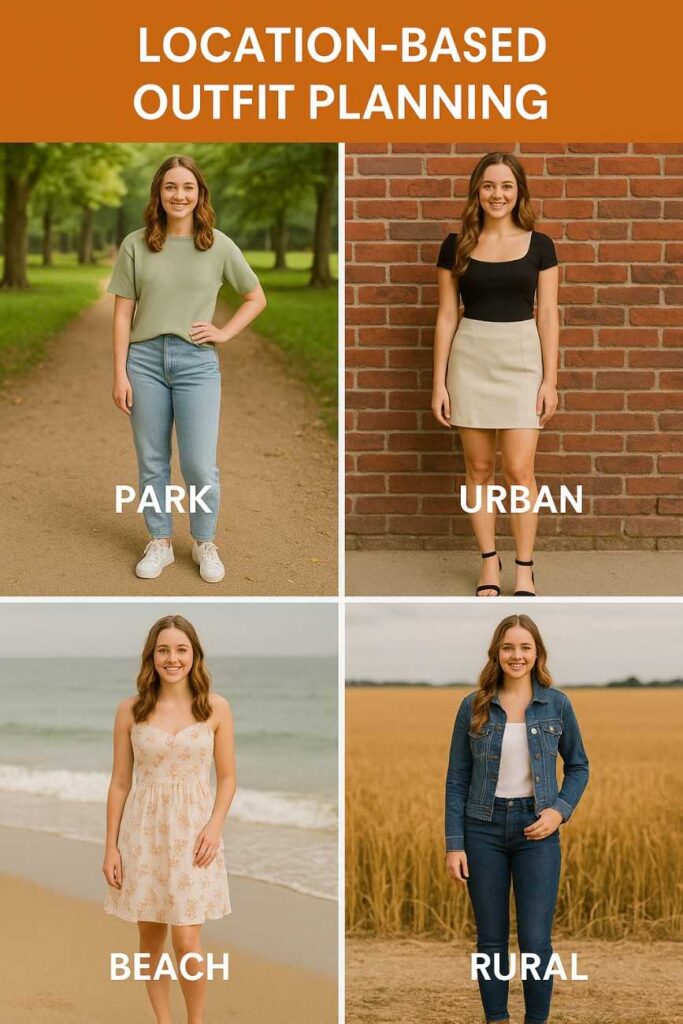 Four-photo grid showing a young woman in different senior picture outfits for various locations including a park, beach, city street, and countryside — demonstrating location-based outfit planning ideas for senior portraits