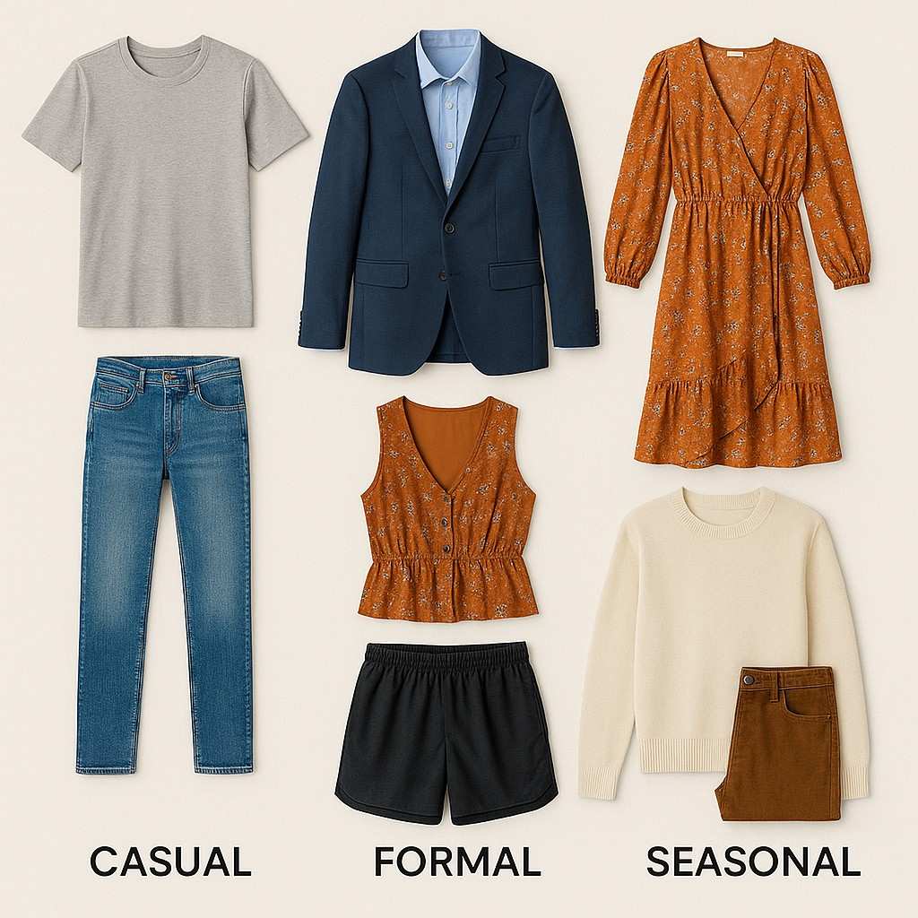 Flat lay display of senior picture outfit ideas including casual jeans and t-shirt, formal blazer and shorts set, a floral dress, and seasonal clothing like a sweater with corduroy pants — showcasing diverse styles for high school senior portraits.