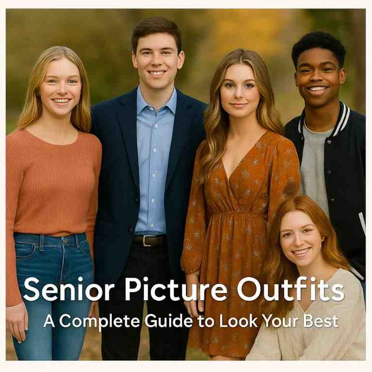Group of five diverse high school seniors posing outdoors in casual and formal outfits with fall colors in the background, featuring a text overlay that reads 'Senior Picture Outfits: A Complete Guide to Look Your Best' — ideal for senior portrait inspiration and outfit ideas.