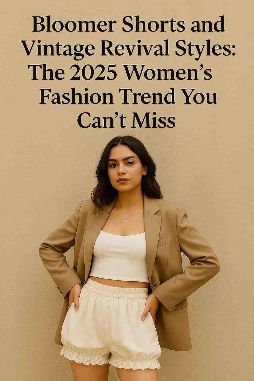 Woman wearing bloomer shorts with beige blazer and white crop top – 2025 women’s fashion trend in vintage revival style