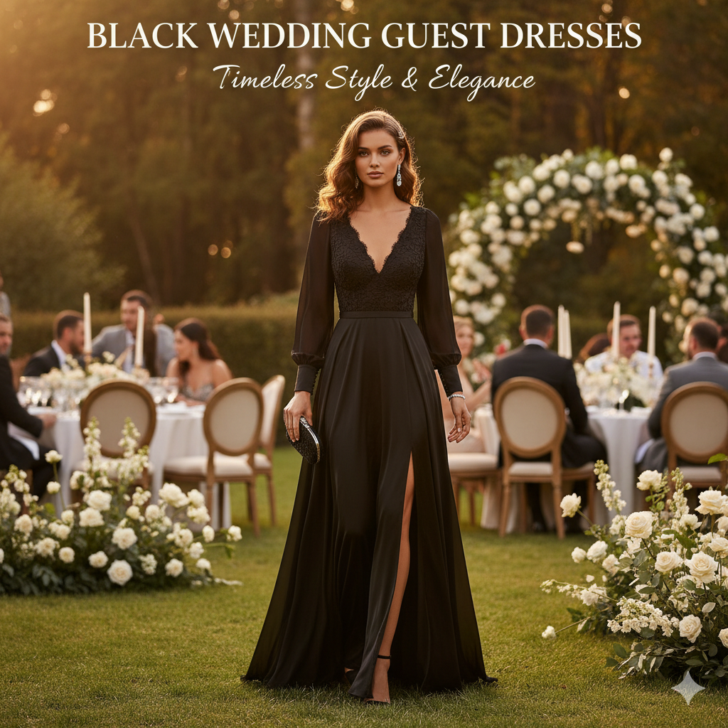 A woman wearing an elegant, long-sleeved black maxi dress with a plunging neckline and thigh-high slit, walking through a beautiful outdoor wedding reception area decorated with white flowers and twinkling lights.