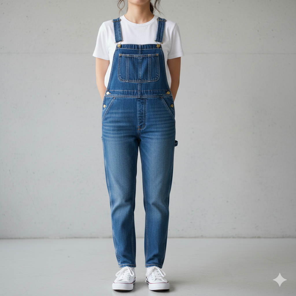 Classic blue denim overalls paired with white t-shirt and sneakers.