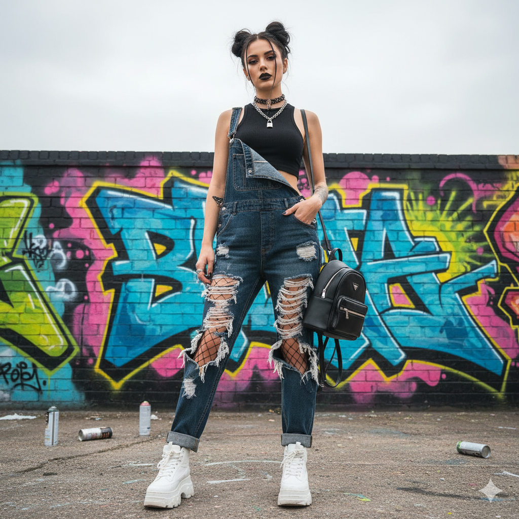 Streetwear look with ripped denim overalls and sneakers.