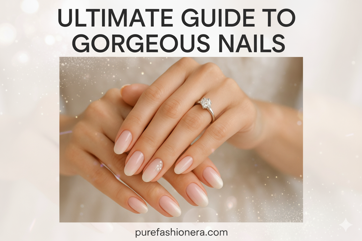 Ultimate guide to gorgeous nails, featuring a close-up of a bride's hands with elegant, natural-looking almond-shaped French manicure nails, adorned with a few subtle white pearls and a diamond engagement ring, with the text "Ultimate Guide to Gorgeous Nails" and "purefashionera.com.