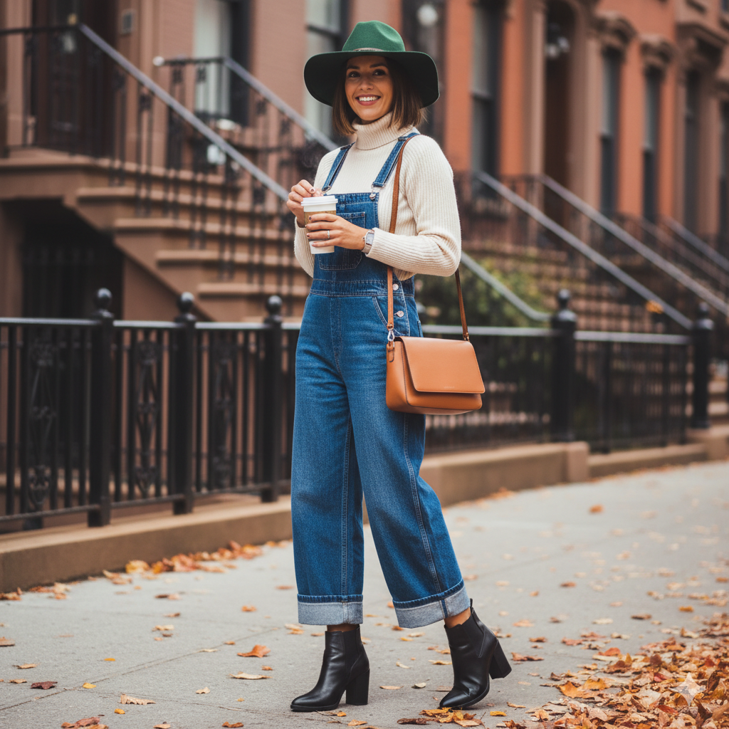Woman wearing wide-leg denim overalls and turtleneck sweater, fall outfit inspiration