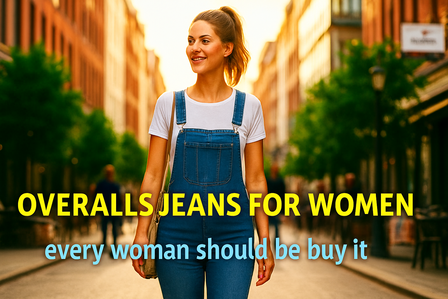 Smiling woman wearing denim overalls and white t-shirt walking in city street — casual 2025 fashion trend.